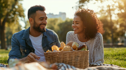 Wall Mural - Playful Couple Enjoys a Picnic in a Suburban Park