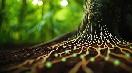 Sticker - Weathering process concept. A close-up of tree roots with glowing green nodes in a lush forest environment.