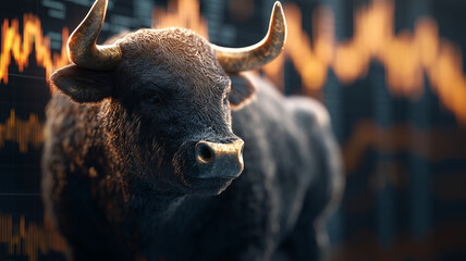 Wall Mural - Bull in Cityscape with Stock Market Growth Financial Prosperity Strategy Concept