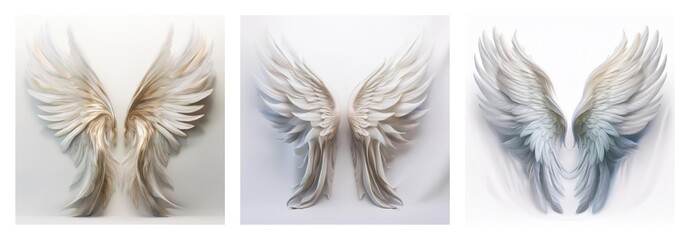 Poster - Isolated collection of three pairs of delicate wings in varying styles and colors, presented against a stark white, isolated backdrop.