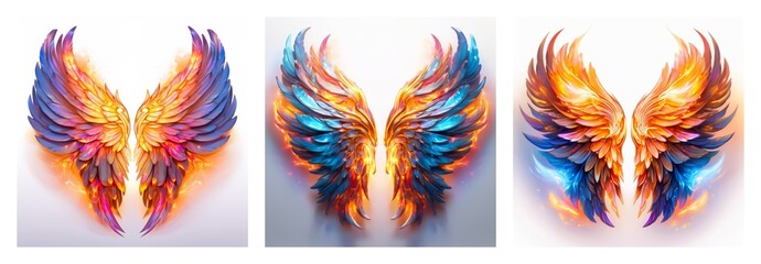 Poster - Isolated collection of three pairs of colorful artistic wings. Vibrant and bright, displayed on a white background.