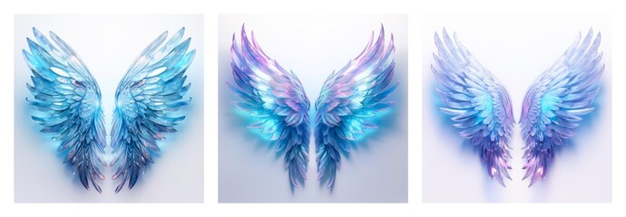 Poster - Collection of three pairs of decorative wings, isolated on a white backdrop. Each set displays varying shades of blue and purple, ethereal and beautiful.