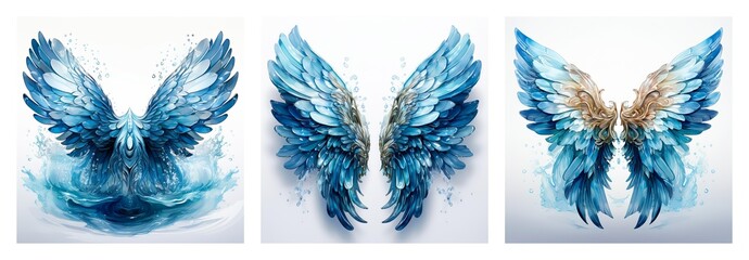 Poster - Isolated collection of three pairs of blue wings. Watercolor style depiction of wings, like angel or bird wings.