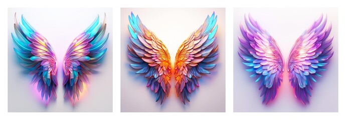 Poster - Isolated collection of three pairs of ethereal wings in vivid color schemes. Feathered and vibrant, these isolated wings are set against a plain backdrop.