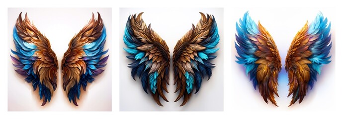 Poster - Isolated collection of three pairs of ornate wings. These feathered elements are vividly colored and beautifully detailed, set against a clean white backdrop.