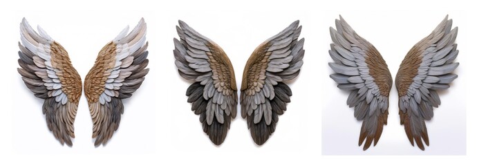 Poster - Isolated collection of three pairs of wings, each with unique feather textures and varying shades, displayed against a clean white backdrop.