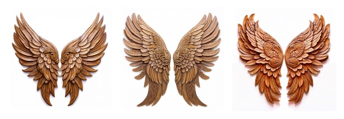 Poster - Isolated collection of three pairs of decorative wings in different shades of brown, presented on a clean white backdrop.
