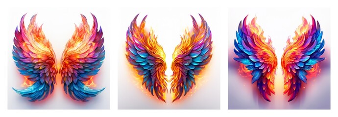 Poster - Vibrant collection of colorful wings, isolated on a white background. Feathered and bright, these decorative wings present an artistic design.