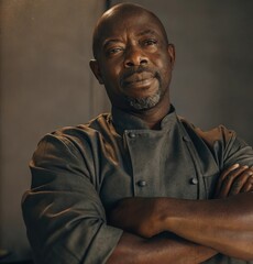 Expressive moment middle-aged black chef at work in a professional culinary setting