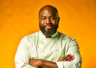 Culinary mastery portrait of a middle-aged black man in a chef’s coat studio setting food photography confident expression