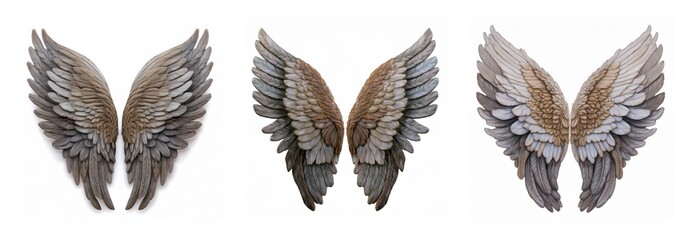 Poster - Isolated collection of three pairs of wings. Detailed feather textures are visible, presented against a plain white backdrop.