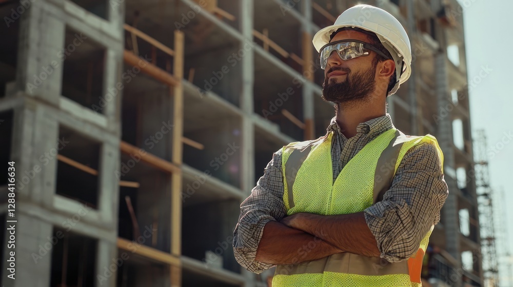 Construction worker wearing a hard hat and safety vest on-site Stock ...