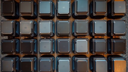 Fototapete - Symmetrical Tech Aesthetics Metallic Portable Hard Drives in Geometric Patterns - Professional Storage Solutions and Digital Design Merchandising