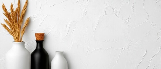Aufkleber - Minimalist Texture Decor Black and White Ceramic Vases with Dried Wheat on Stucco - Contemporary Interior Design and Marketing for Home Lifestyle Content