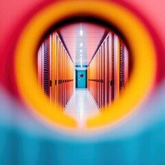 Aufkleber - Vibrant Neon Corridor in Modern Data Center Repeating Light Patterns and Server Racks for Advanced Computing Power in Tech and Business Innovation