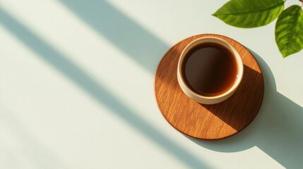 Canvas Print - Minimalist Sungrown Tea Cup on Wooden Coaster with Leaf Shadow Modern Lifestyle and Eco-Conscious Content for Sustainable Interior and Mindful Living Marketing