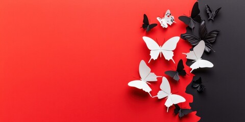Aufkleber - Contemporary Art Display Geometric Paper Butterflies on Vibrant Red and Black Canvas - Transformative Mental Health Campaign and Unique Interior Design