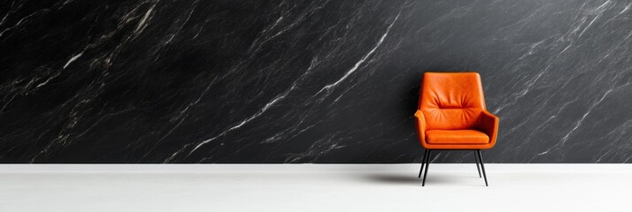 Poster - Minimalist Office Elegance Orange Leather Chair against Black Marble Wall - Modern Workspace Design and Luxury Interior Concept for Contemporary Corporate Appeal