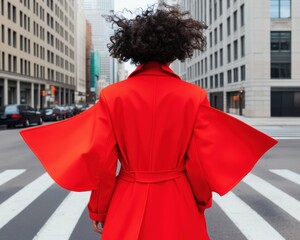 Aufkleber - Urban Luxury Fashion Bold Red Trench Coat for Mixed-Ethnicity Woman in Cityscape - Trendsetting Outerwear, Modern Elegance and Premium Style Content Creation