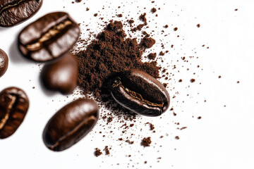 Coffee grounds and beans flying in an isolated setting on a white background