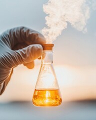Poster - Futuristic Scientific Flask with Glowing Liquid and Rising Vapors - Innovative Research Analysis in Laboratory Settings for Advanced Biotech and Chemical Discoveries