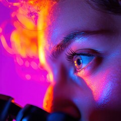 Aufkleber - Neon Futurism in Lab Research Close-Up of Female Scientist at Digital Microscope - Innovative Scientific Exploration and Commercial Lab Tech Advancement