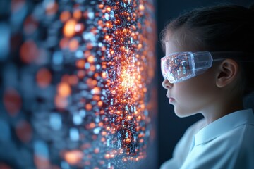 Aufkleber - Futuristic STEM Education Young Learner Engaged with Holographic Data Interface in Modern Digital Classroom for Enhanced Science Understanding and Innovation