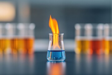 Poster - Modern Lab Aesthetics Blue Flame Bunsen Burner with Vivid Chemical Solutions on Reflective Benchtop - Educational Content and Scientific Safety Applications