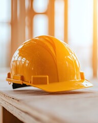 Poster - Contemporary Construction Design Yellow Hard Hat on Wooden Surface - Modern Architecture Visualization and Technical Planning for Commercial Development, Enhancing Safety and Efficiency