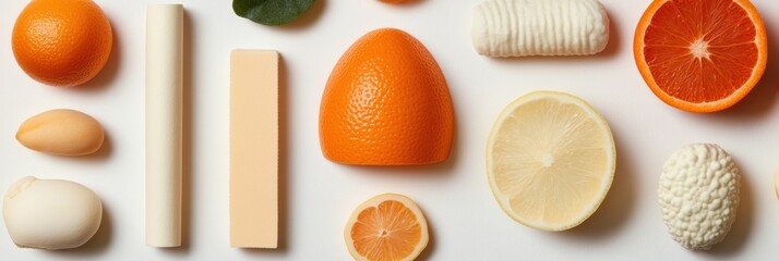 Aufkleber - Vibrant Educational Play Display Assorted Citrus-Inspired Elements on Minimalist Surface - Sensory Engagement and Tactile Learning for Modern Classroom Innovation
