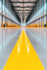 Fototapete - Contemporary Industrial Interior Polished Concrete Warehouse with Safety Markings and Ambient Lighting - Logistics Safety Content and Efficient Facility Management