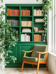 Fototapete - Scandinavian Minimalism Built-In Green Bookshelf with Rainbow-Organized Books and Windowed Reading Nook - Creative Office Design and Business Workflow Enhancement
