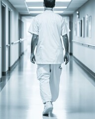 Aufkleber - Contemporary Healthcare Corridor Professional Medical Staff with Equipment in Streamlined Facility Interior - Modern Care and Efficiency in Healthcare Delivery