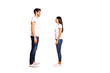 © deagreez - Full body profile photo of pair lady and guy looking eyes overjoyed by meeting wear casual outfit isolated yellow color background