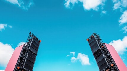 Poster - Vibrant Open-Air Stage Design Industrial Speaker Towers and Lighting Rigs in Festival Grounds - Dynamic Events and Entertainment Infrastructure for Modern Production Excellence