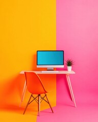 Leinwandbilder - Vibrant Dual-Tone Workspace Minimalist Desk with Orange Chair and Desktop - Bold Home Office Design for Remote Work and Educational Innovation