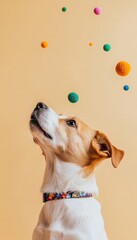 Poster - Interactive Canine Tech Profile View of Dog with Virtual Toys in Soft Beige Studio - Engaging Pet Content and Innovative Marketing Tools for Modern Pet Industry
