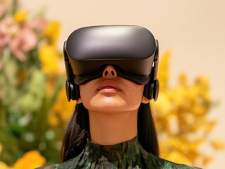 Aufkleber - Immersive VR Experience Sleek Headset with Flowering Backdrop - Cutting-Edge Tech for Gamification in Wellness and Modern Design Showcases
