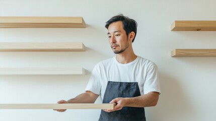 Leinwandbilder - Minimalist Workspace Innovation Korean Man Installing Floating Wooden Shelves in Neutral Home Office - Precision DIY for Modern Interior Design and Functional Business Aesthetics