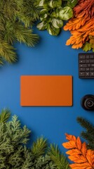 Fototapete - Contemporary Workspace Aesthetics Vibrant Blue Desk with Digital Tablet and Nature-Inspired Decor - Creative Process Hub for Innovative Design and Marketing Professionals