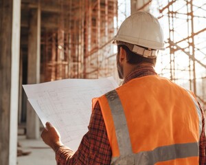 Poster - Contemporary Construction Insight Engineers with Plans and Safety Gear on Scaffolding - Industrial Development and Risk Management for Urban Infrastructure Projects
