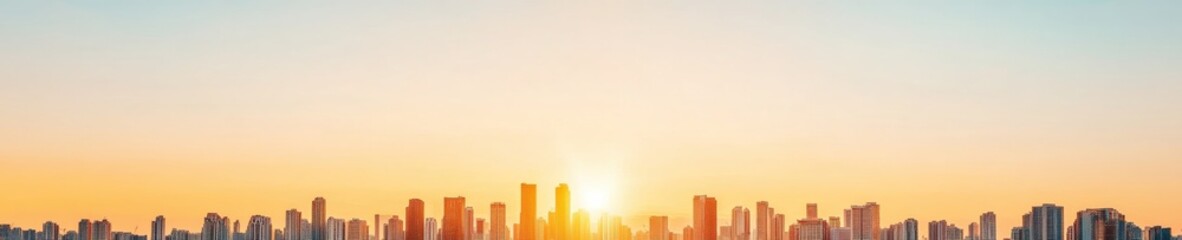 Poster - Urban Sunrise Skyline Modern Glass Skyscrapers in Vibrant Metropolis - Commercial Real Estate Content and Urban Growth Visualization for Business Insight