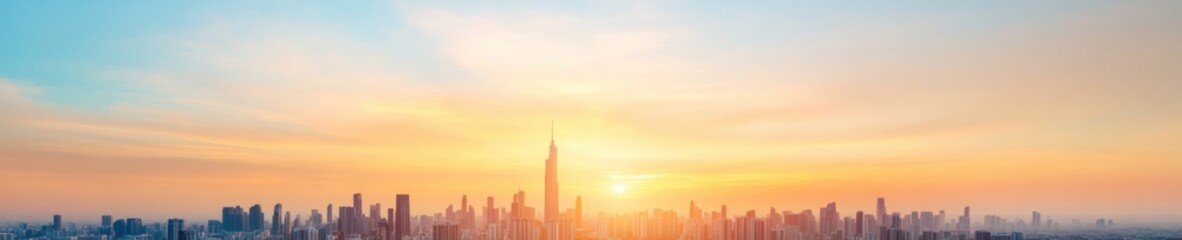 Poster - Panoramic Cityscape View Vibrant Metropolitan Skyline of Urban Skyscrapers at Sunrise, Capturing Modern Infrastructure Growth for Commercial Real Estate and Urban Planning Insights