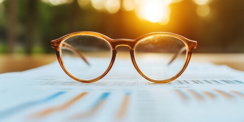 Aufkleber - Vintage-Style Eyewear with Financial Reports Retro Glasses on Data Charts in Sunset Glow - Business Analysis Aesthetic and Performance Metrics Visualization for Corporate Strategy
