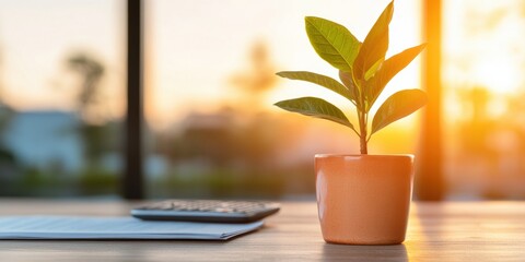 Canvas Print - Nature-Inspired Workspace Sunlit Desk with Potted Plant and Calculator - Enhancing Aesthetic Appeal in Modern Office Design for Optimal Productivity and Eco-Friendly Innovation