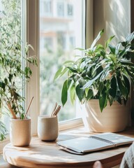 Poster - Scandinavian Workspace with Potted Greenery and Ceramic Cups for Creative Office Environments - Enhancing Focus and Productivity in Contemporary Business Settings