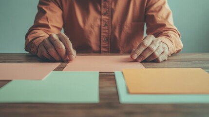 Aufkleber - Modern Collaborative Workspace Colorful Paper Setup on Wooden Table - Enhancing Creative Brainstorming and Professional Team Meetings for Business Innovation
