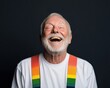© Ryzhkov - Retro Expressionism Portrait Elderly Man in Oversized Rainbow Suspenders Emphasizing Age Positivity and Unique Style for Contemporary Lifestyle Branding and Senior Fashion