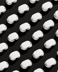 Leinwandbilder - Monochrome Tech Display Symmetrical White VR Headsets on Black - Futuristic Showroom for Immersive Experience and Digital Marketing Solutions
