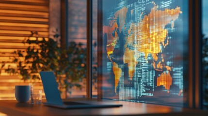 Poster - Futuristic Glass Office Digital Global Travel Display with Dynamic Lighting - Cutting-Edge Workspace Design for Tech-Savvy Professionals and Business Innovations